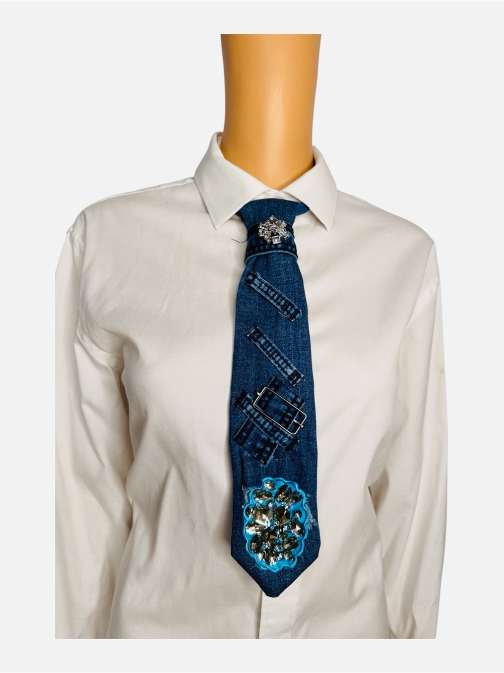 Upcycled Handmade Denim Jeans Necktie Necklace Patchwork DIY Wearable Art